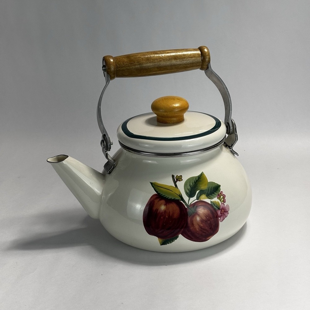 Vintage Metal Tea Kettle Apples Casuals By China Pearl 8 cups, wood handle/knob